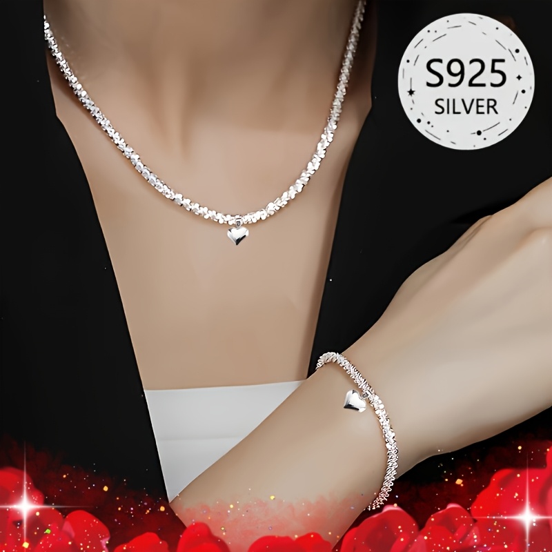 2pcs 925 Sterling Daisy Heart Necklace & Bracelet Set Gift for Mom's Year Round
